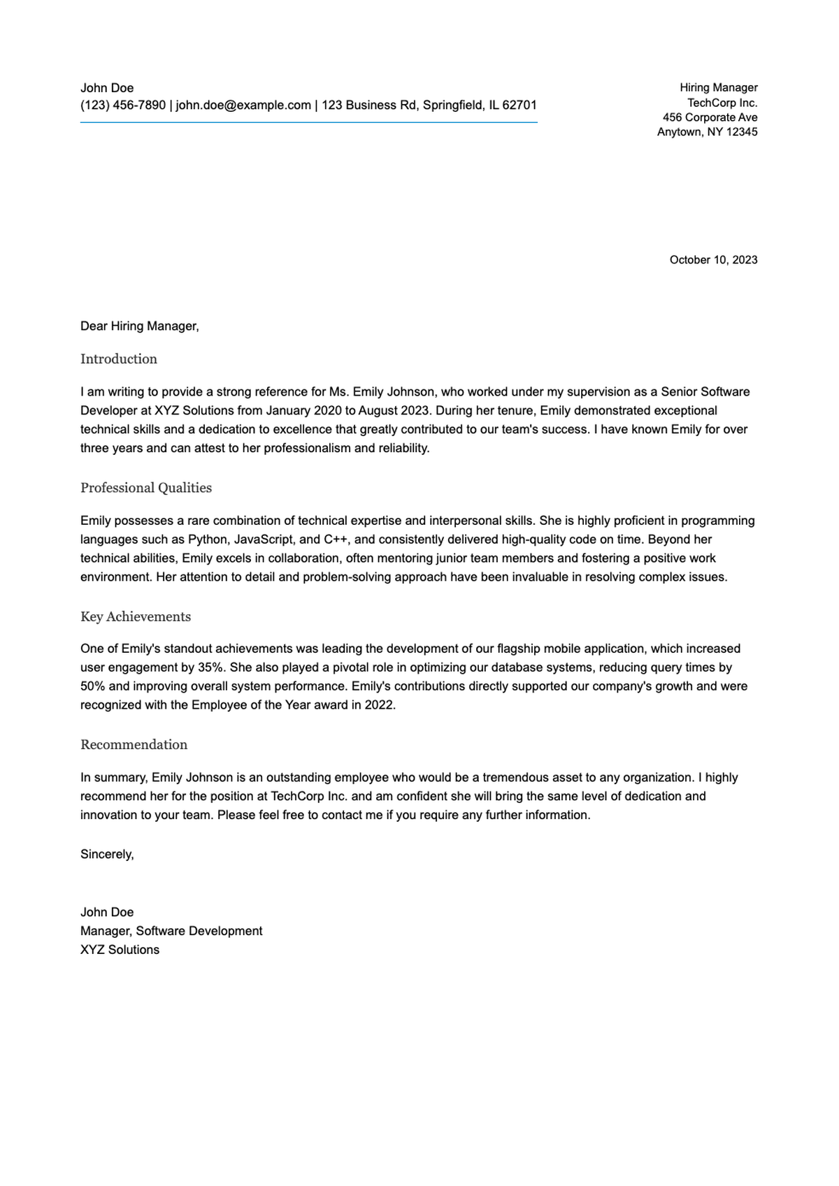 Professional recommendation letter template with blue geometric footer_variant_1
